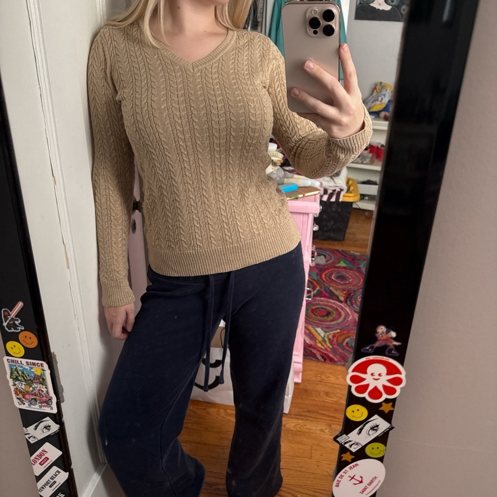 Laura Scott Beige Cable Knit V-Neck Sweater